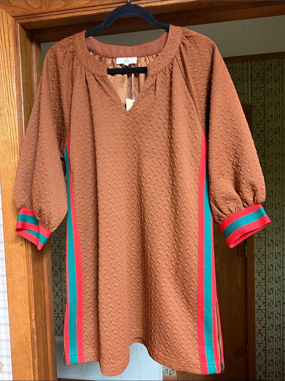 NWT Entro Textured Rust Tunic with Green & Red Stripe Accents